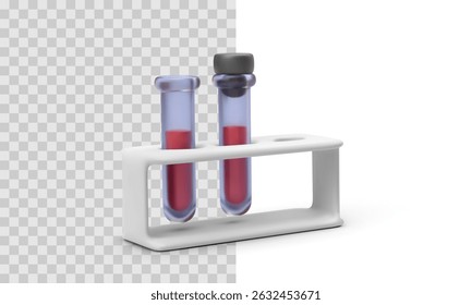 Tubos De Amostra De Sangue No Suporte Em Fundo Transparente E Branco. Equipamentos Médicos De Ensaio Para Uso Laboratorial Ou Hospitalar. Estilo 3D Limpo E Mínimo. Ilustração de vetor.