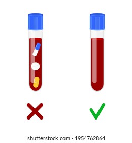 Blood samples with and without drugs. Doping control in sport, post accident drug testing concept. Vector cartoon illustration.