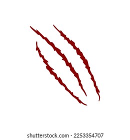 Las garras de rasguño de sangre marcan el animal salvaje. El rastro de los talones de monstruo o dinosaurio. Textura de bordes rotos y agudos rojos aislados sobre fondo blanco. Símbolo asustado en la pared. Ilustración plana del vector