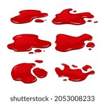Blood spill set on a white isolated background. Red puddle of paint. Vector cartoon illustration.