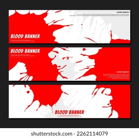 Blood splash background. red splash on white background. set of three banners. Blood strip banner. grunge strip background blood. Blood splatter background.