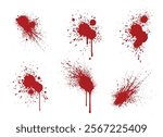 Blood splash collection - red stains with dripping streams and scattered droplets on white surface. Various spatter design patterns with explosive bursts, flowing streaks and speckled spray marks.