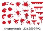 Blood splash set. Drop and blob of blood. Bloodstains. Isolated. Vector illustration of bloody ink drips on white.