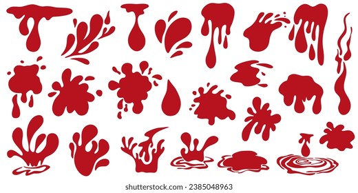 Juego de salpicaduras de sangre. Gota y mancha de sangre. Manchas de sangre. Ilustración vectorial de goteos de tinta sangrientos aislados en blanco.