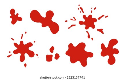 Blood splash set. Drop and blob of blood. Bloodstains. Isolated. Vector illustration of bloody ink drips on white.