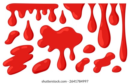 Blood splash set. Drop and blob of blood. Bloodstains. Dripping red paint. Bloody ink drips. Flat vector illustration isolated on white background