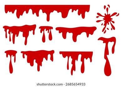 Blood splash set. Drop and blob and smudges of blood. Bloodstains isolated on white.