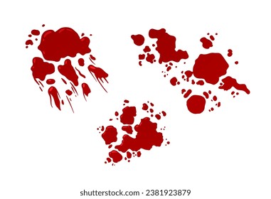 Se establecen salpicaduras de sangre. Drogas de líquido rojo. Elemento de diseño para animaciones. Formas abstractas de blobs y manchas. Afiche o pancarta. Colección vectorial plana de dibujos animados aislada en fondo blanco