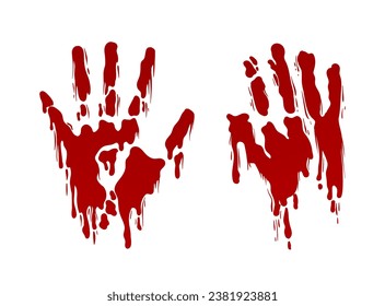 Blood splashes set. Drops of red liquid. Design element for animations. Red palm print and silhouette. Social networks sticker. Cartoon flat vector collection isolated on white background