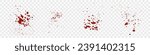 Blood Splat Set. Red Drop Spatter Collection. Bloodstain Splatter. Paint Stain Texture. Grunge Pattern on Transparent Background. Messy Splash. Abstract Design Element. Isolated Vector Illustration.