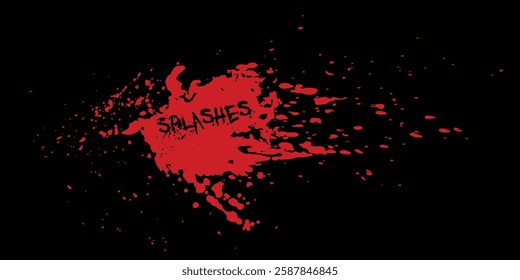 Blood splatter on black background. Vector graphics realistic design stains on surface, grunge
