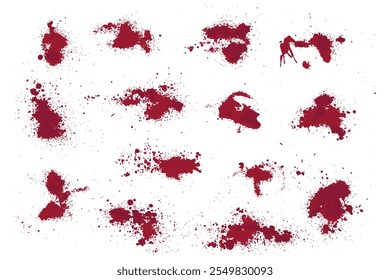 Conjunto de fondo de Vector realista salpicado de sangre. colección de salpicaduras de sangre roja. Vector realista de salpicaduras de sangre
