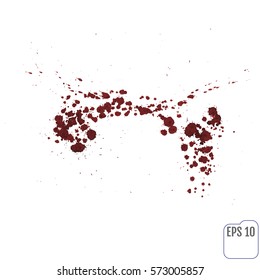 Blood splatter or stain splashed with red ink isolated on white background for abstract fun wall decoration, top view.