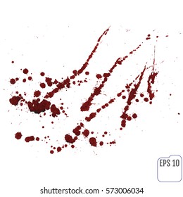 Blood splatter or stain splashed with red ink isolated on white background for abstract fun wall decoration, top view.