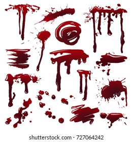 Blood splatters on isolated background. Set of dripping blood drops and trail. Set of smears, splashes, drippings. Paint splatters Halloween concept. Abstract vector illustration, design elements.