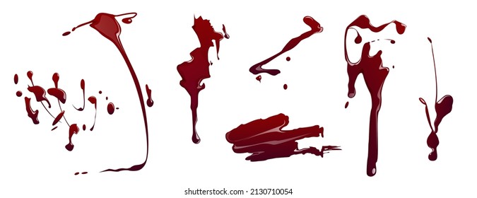 Blood splatters, red stains with drops and splashes texture. Bloodstain marks, element for Halloween design, liquid trails of brush, paints blobs isolated on white background, Cartoon vector set