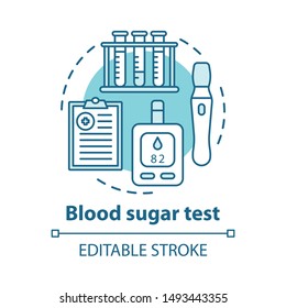 Blood sugar control devices concept icon. Monitoring glucose level idea thin line illustration. Electronic glucometer for diabetic patients. Vector isolated outline drawing. Editable stroke
