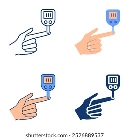Blood sugar level test icon set in flat and line style. Hand with glucose testing monitor, glucometer. Vector illustration