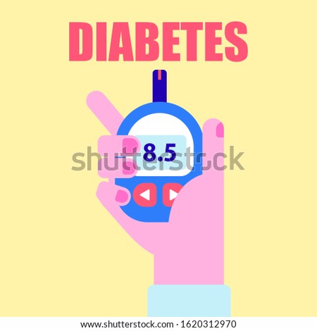 Blood sugar level testing. Doctor hand holds blood glucose meter and finger with blood drop. Diabetes sickness. Medicine and healthcare concept. Flat vector illustration