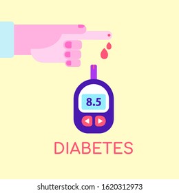Blood sugar level testing. Glucose meter and finger with blood drop. Diabetes sickness. Medicine and healthcare concept. Flat vector illustration