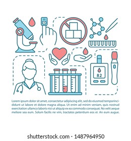 Plantilla vectorial del artículo del análisis de azúcar en sangre. Prevención de la diabetes. Folleto, revista, elemento de diseño de folleto, iconos lineales, cuadro de texto. Diseño de impresión. Ilustraciones de conceptos con espacio de texto