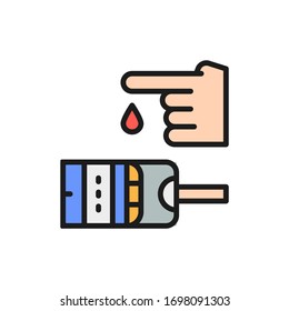 Blood sugar test, glucometer, glucose, diabetes flat color line icon.
