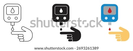 Blood sugar test icon set, diabetic patient sugar level testing symbol. High or low blood sugar test device vector sign.