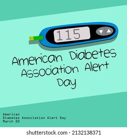 Kit de análisis de azúcar en sangre con indicación de resultados y texto sobre fondo azul, American Diabetes Association Alert Day 22 de marzo