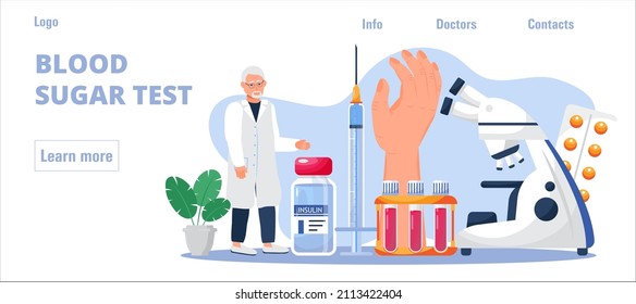 Blood sugar test vector. Glucometer for blood glucose testing meter. Doctor treats hyperglycemia. Lab, pills, insulin syringe for injection. Measurement of sugar level. Diabetes week, day, month.