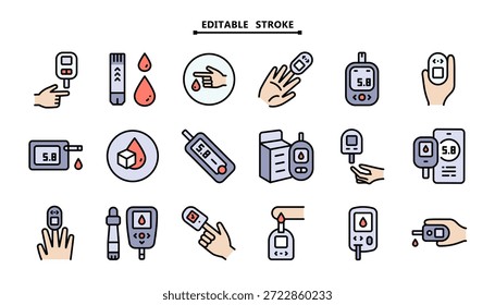 Conjunto de íconos de Vector de prueba de azúcar en sangre. Dispositivo de características, tira, aguja plana aislada en blanco. Trazo editable.