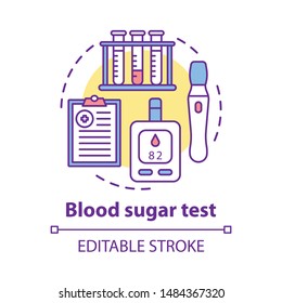 Blood sugar testing tools concept icon. Controlling glucose level idea thin line illustration. Equipment, glucometer for diabetic patients. Vector isolated outline drawing. Editable stroke