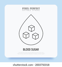 Blood Sugar Thin Line Icon. Droplet Of Blood With Pieces Of Sugar Inside. Diabetes Diagnostics. Pixel Perfect, Editable Stroke. Vector Illustration.