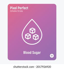 Icono de línea delgada de azúcar en sangre. Droplet de sangre con trozos de azúcar dentro. Diagnóstico de la diabetes. Trazo perfecto y editable. Ilustración vectorial.