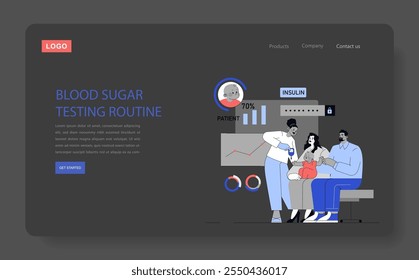 Blood Sugar Tracking concept. Digital interface showcasing patient's glucose levels and insulin status with medical assistance. Vector illustration.