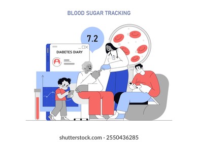 Rastreamento de açúcar no sangue conceito. Ilustração de um enfermeiro ajudando os pacientes a registrar os níveis de glicose, promovendo o tratamento da diabetes. Ilustração vetorial.