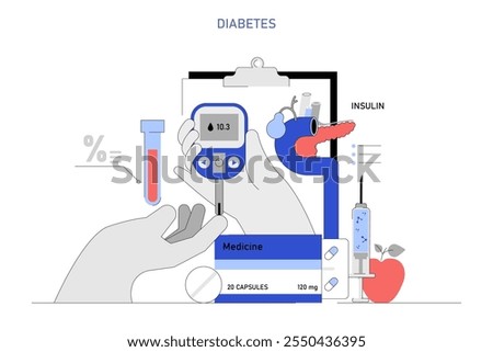 Blood Sugar Tracking concept. A person measures glucose level with a digital glucometer while medication, insulin, and healthy food indicate diabetes management. Vector illustration.