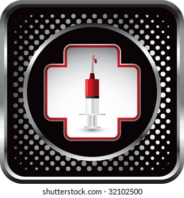 blood in syringe inside first aid icon on black halftone web button