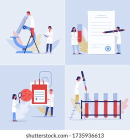 Blutuntersuchungen durch Laborpersonal - ein Cartoon-Poster mit Wissenschaftlern, das Mikroskop und Teströhren für die medizinische Forschung oder Diagnose verwendet. Vector-Abbildung.
