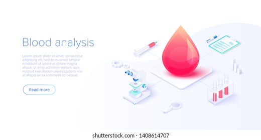 Blood test or analysis in isometric vector illustration. Healthcare concept for clinical laboratory examination. Medical diagnostics or reserarch with blood drop sample.  Web banner layout template.