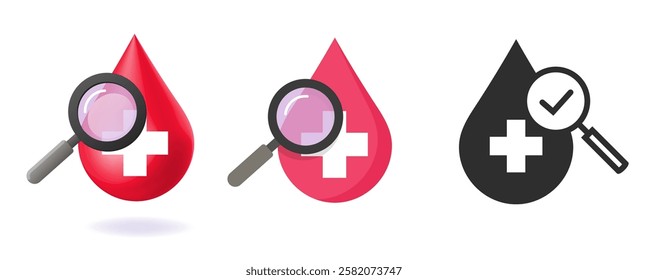 Blood test check drop icon vector set, modern 3d simple medical infection analysis inspect lab sign symbol graphic picogram image clip art, clinic hiv examine 