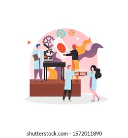 Blood test in clinical lab composition with micro male and female characters medical laboratory professionals and equipment. Medical analysis concept for web banner, website page etc.