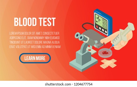 Blood test concept banner. Isometric banner of blood test vector concept for web, giftcard and postcard