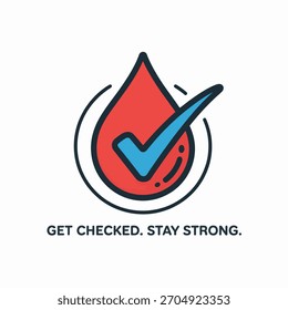 Confirmación de prueba de sangre, caída en negrita con marca de verificación, resultados de monitoreo de diabetes, ícono de alerta, recordatorio de prevención, Asistencia de bienestar, Vector
