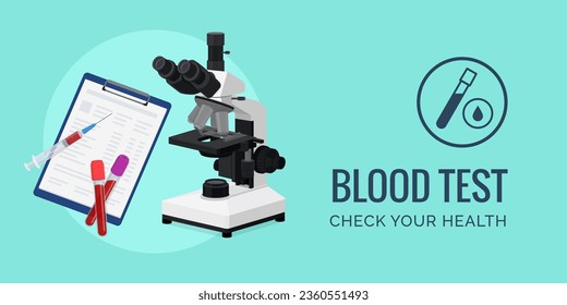 Blood test and diagnosis: microscope, blood samples and medical records, banner with copy space