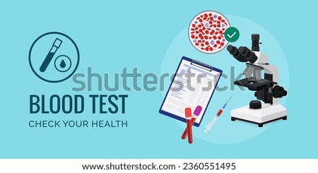 Blood test and diagnosis: microscope, blood samples and medical records, banner with copy space