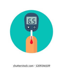 Blood Test With Finger. Glucometer Icon Isolated. Testing Glucose. Blood Sugar Readings. Medical Measurement Apparat. Healthcare Monitoring. Diagnostic Equipment. Vector Illustration Flat Design.