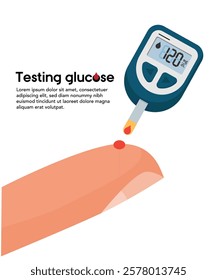 Blood test with finger. Glucometer icon isolated. Testing glucose. Blood sugar readings. Medical measurement apparat. Healthcare monitoring. Diagnostic equipment. Vector illustration flat design.