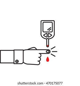 Blood test with forefinger. concept of bleed, glaucometer, prick, exam, tester, first aid, healthcare, diagnosis, research. flat style trend modern logo design vector illustration on white background