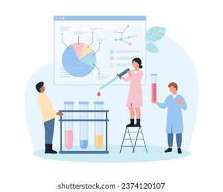 Ensayo de sangre, ilustración vectorial de hematología. Médicos diminutos en caricatura que sostienen viales de pipeta y laboratorio con muestras de sangre para investigar en laboratorio, análisis médico-profesional en la gráfica y el examen