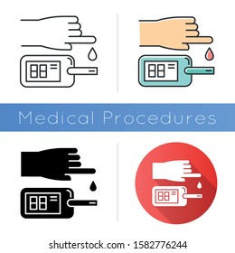 Blood test icon. Disease analysis. Illness check. Infection examination. Medical procedure. Glucometer. Glucose test. Hospital lab. Flat design, linear and color styles. Isolated vector illustrations